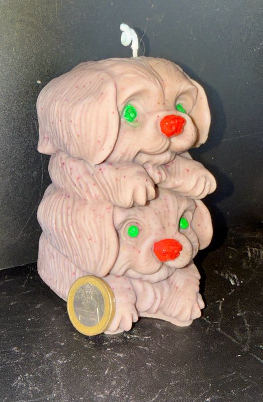 Bougie double chien 🐶 brun yeux verts nez rouge 🕯️ cire de soja végétale