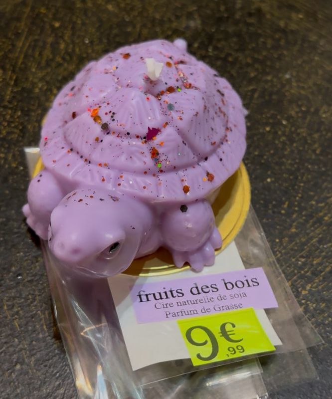 Bougie grosse tortue violette carapace paillettes ✨ 🐢 🕯️ cire de soja végétale