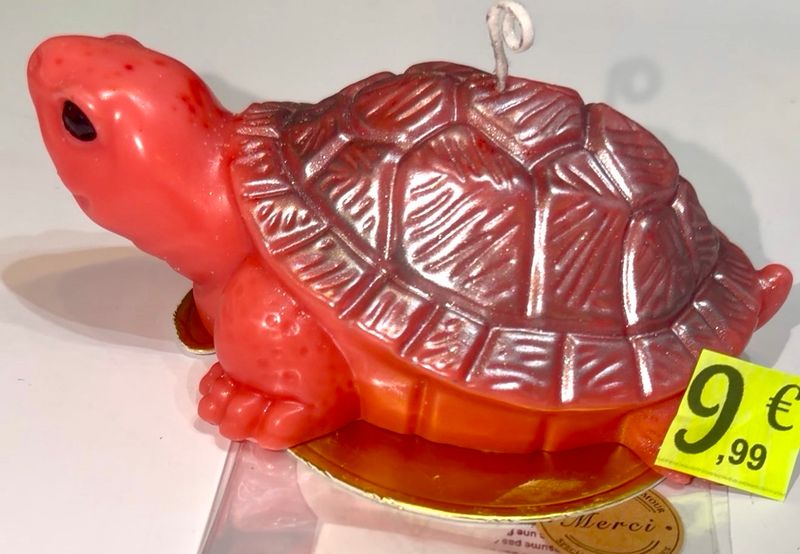 Bougie grosse tortue rouge carapace argentée 🐢 🕯️ cire de soja végétale