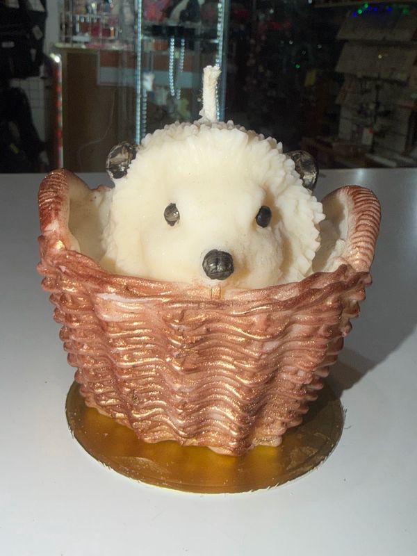 Grosse Bougie hérisson niglo blanc dans panier brun 🦔 cire de soja végétale
