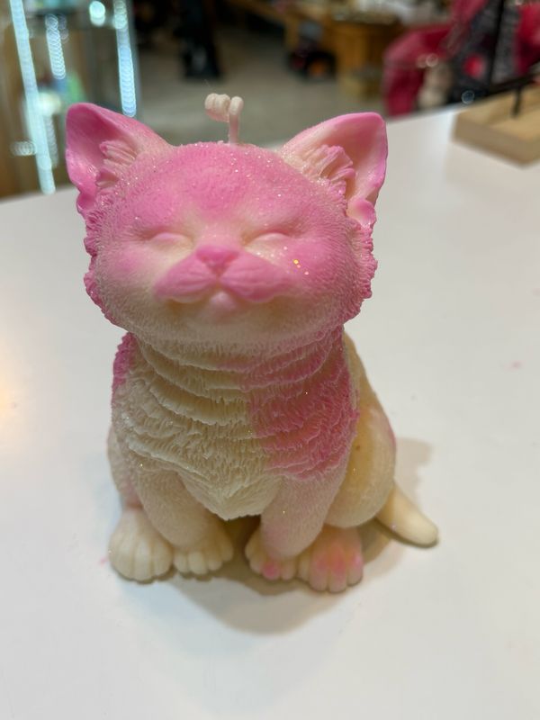 Bougie chat géant rose et blanc 🕯️ cire de soja végétale