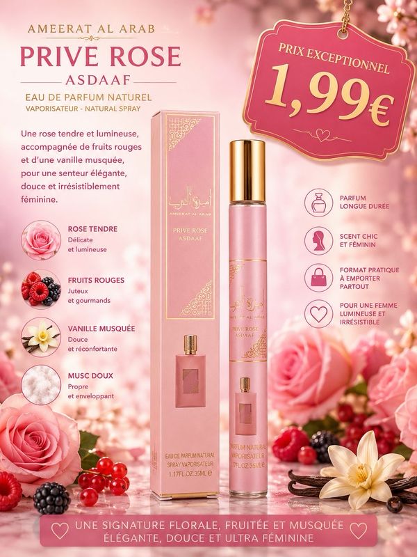 Ameerat Al Arab Privé Rose Asdaaf 35 ml – Parfum Femme Floral, Musqué & Fruits Rouges