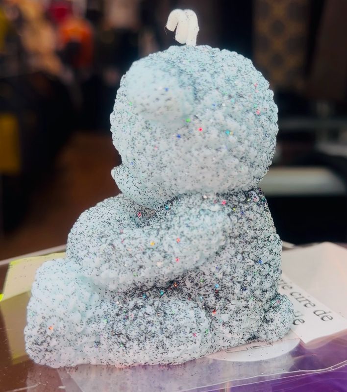 Bougie artisanale ourson 🐻 nounours 🧸 bleu paillettes ✨ noire multicolore 🕯️ cire de soja végétale