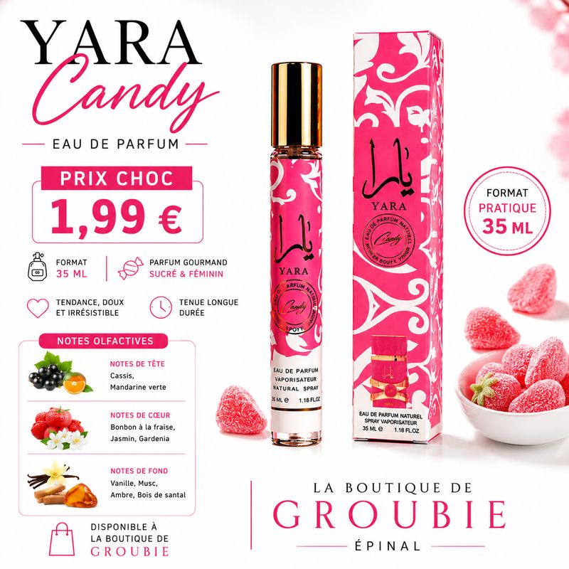 Yara Candy Eau de Parfum 35 ml – Parfum gourmand sucré femme – Prix 1,99 € | La Boutique de Groubie Épinal