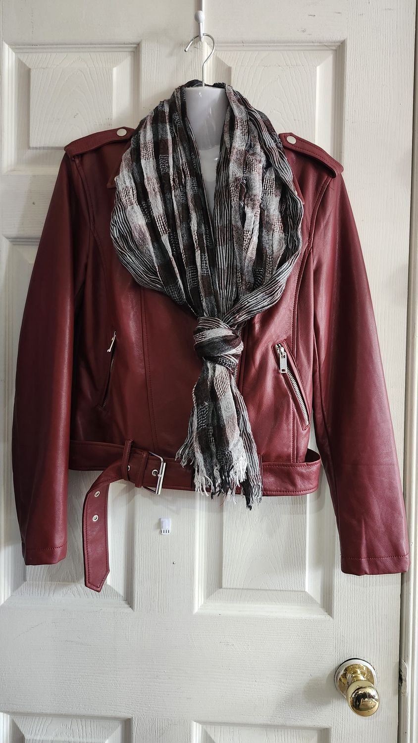 Woman's Burgundy Leather-like Jacket with Scarf S