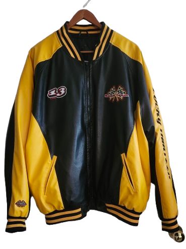 Vintage Black &amp; Yellow Racing Style Leather Jacket – Size XL – Vintage Streetwear