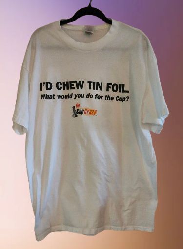 Vintage Labatt Blue NHL Stanley Cup Champions White T-Shirt 1981–2000 “I’d Chew Tin Foil” X-Large
