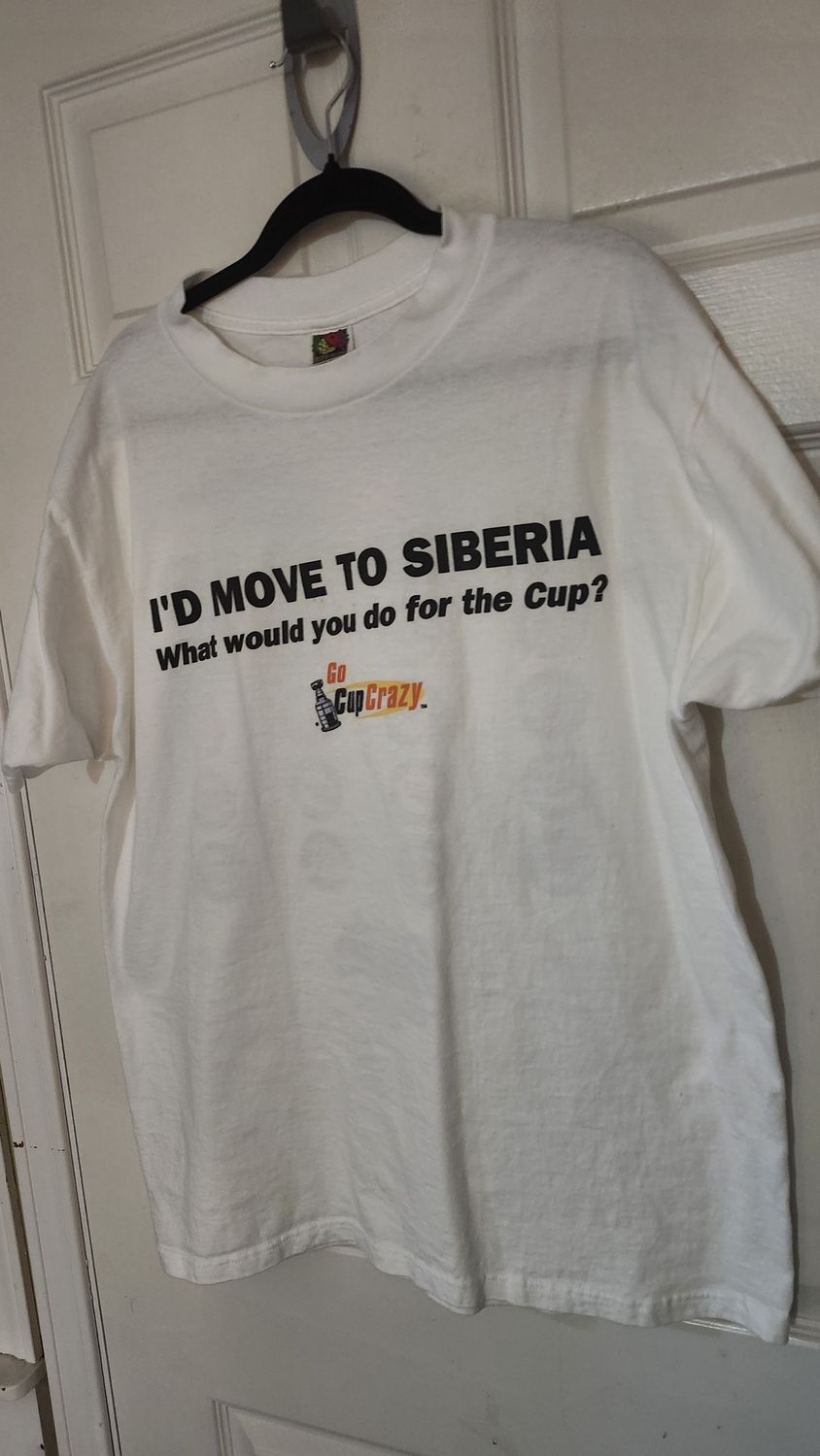 Vintage Labatt Blue NHL Stanley Cup Champions White T-Shirt 1981–2000 “I’d Move to Siberia” X-Large