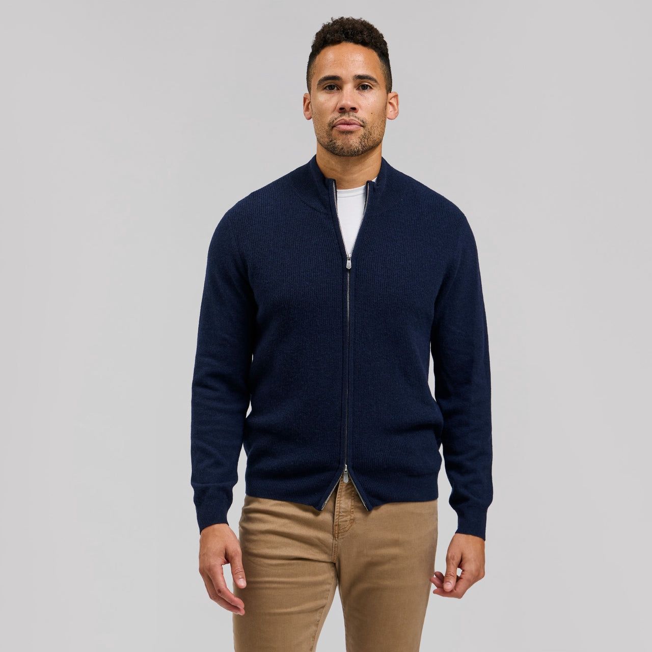 THE FROST - WOOL/CASHMERE FULL ZIP RIBBED KNIT SWEATER, Color: INK, Size: L