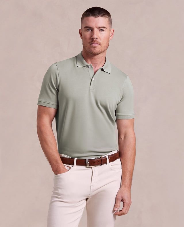 THE HOLDEN  - SAND WASHED DOUBLE KNIT SS POLO - OLIVINE