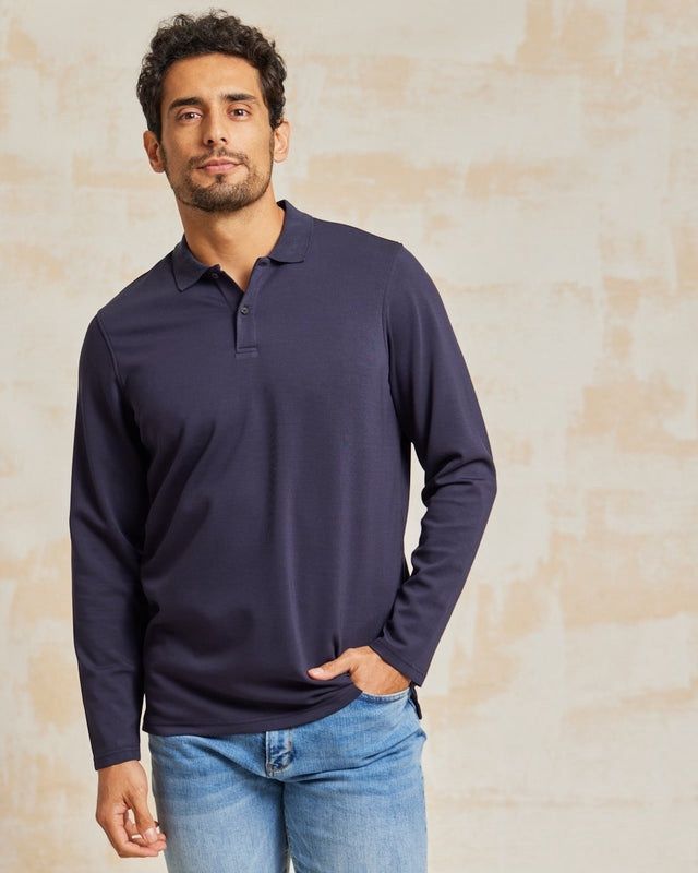 THE HOLDEN - STONE WASHED DOUBLE KNIT LS POLO - NAVY