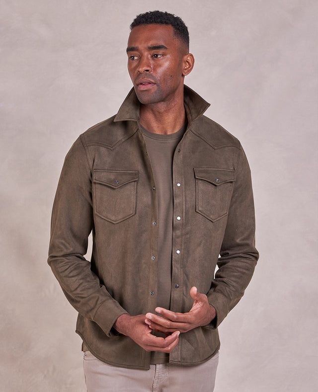 THE WYATT - MICROSUEDE SHIRT JACKET - DARK OLIVE