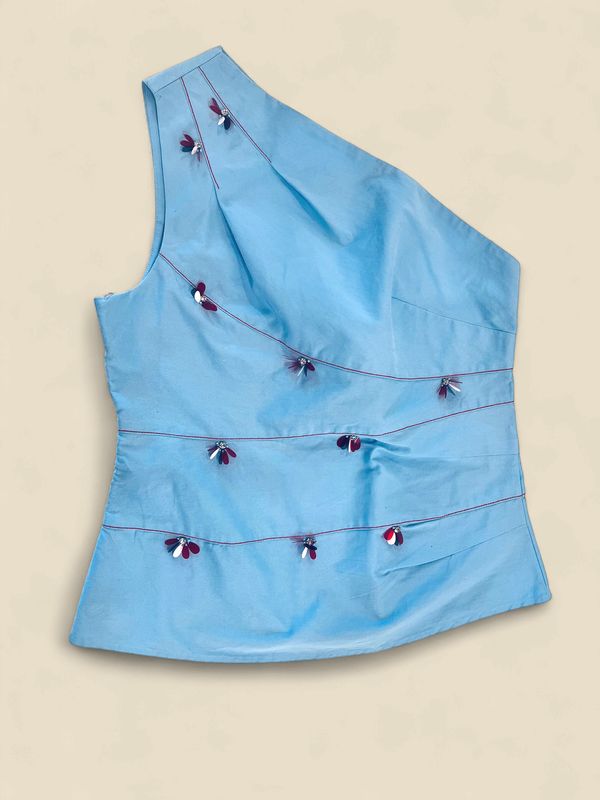 BLUE POPPY BEADED ONE SHOULDER TOP