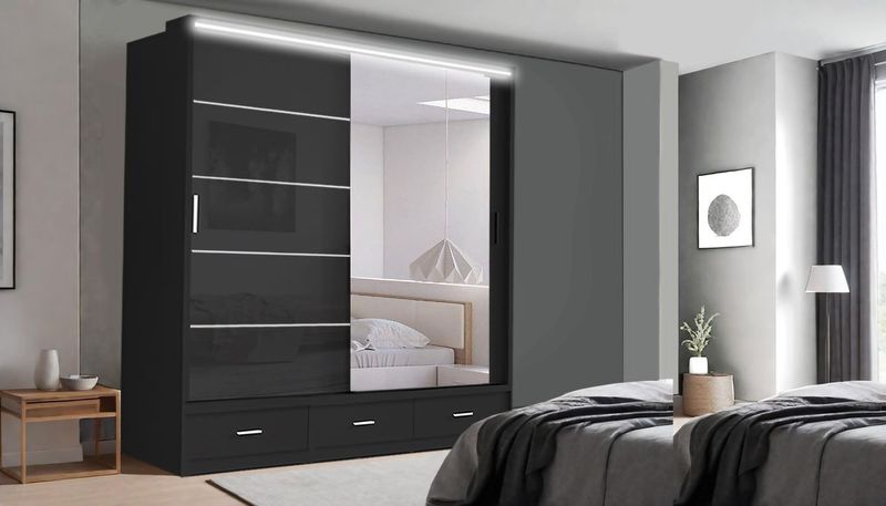 High Gloss Sliding Mirrored Door Wardrobe - Florence 205 cm