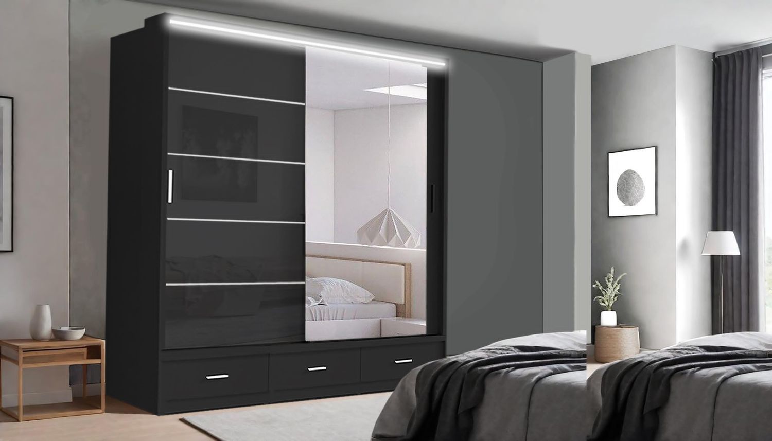 High Gloss Sliding Mirrored Door Wardrobe - Florence 205 cm