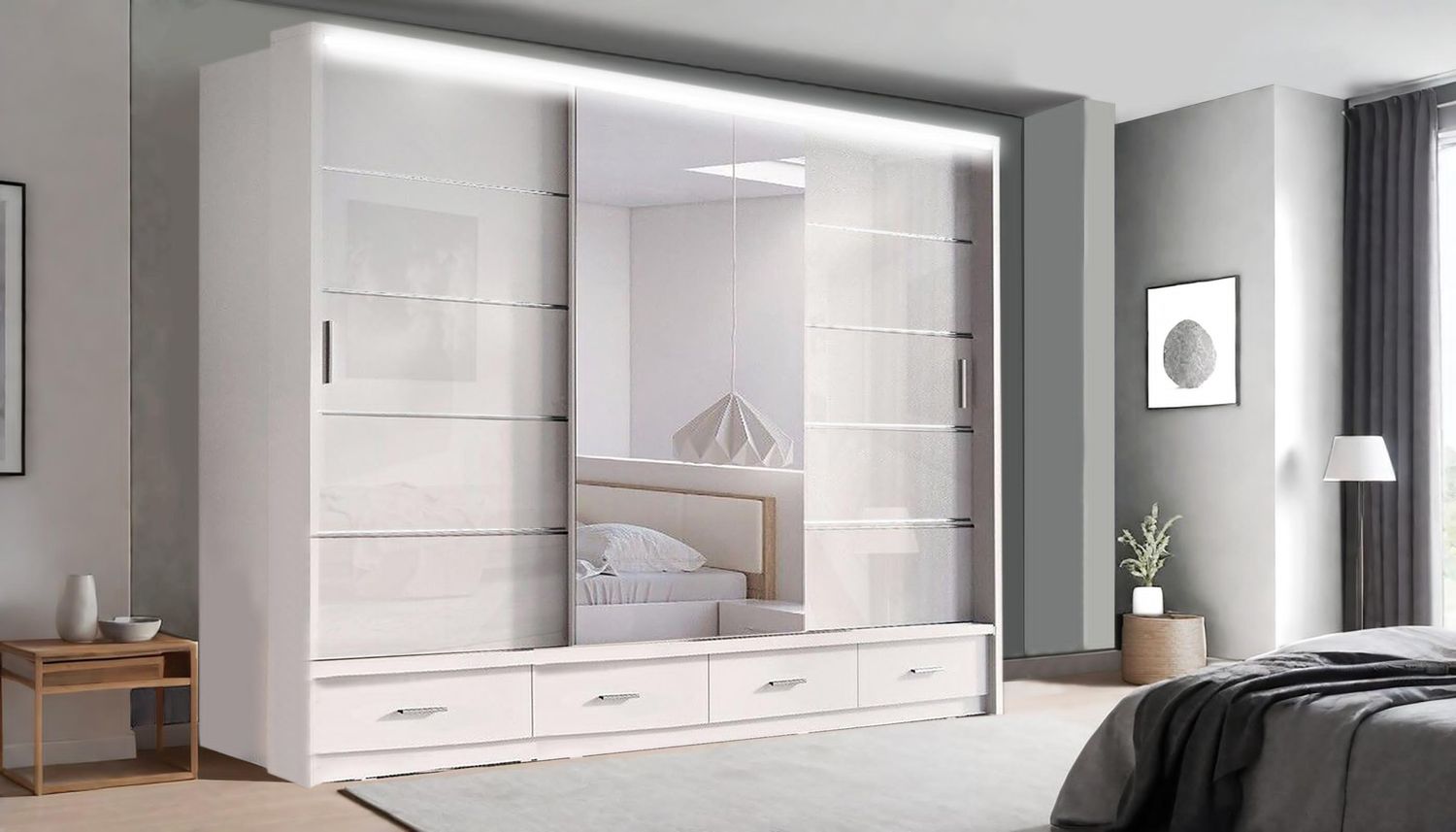 High Gloss Sliding Mirrored Door Wardrobe - Florence 255 cm
