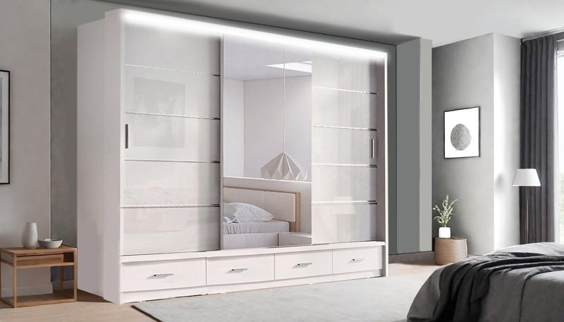 High Gloss Sliding Mirrored Door Wardrobe - Florence 255 cm