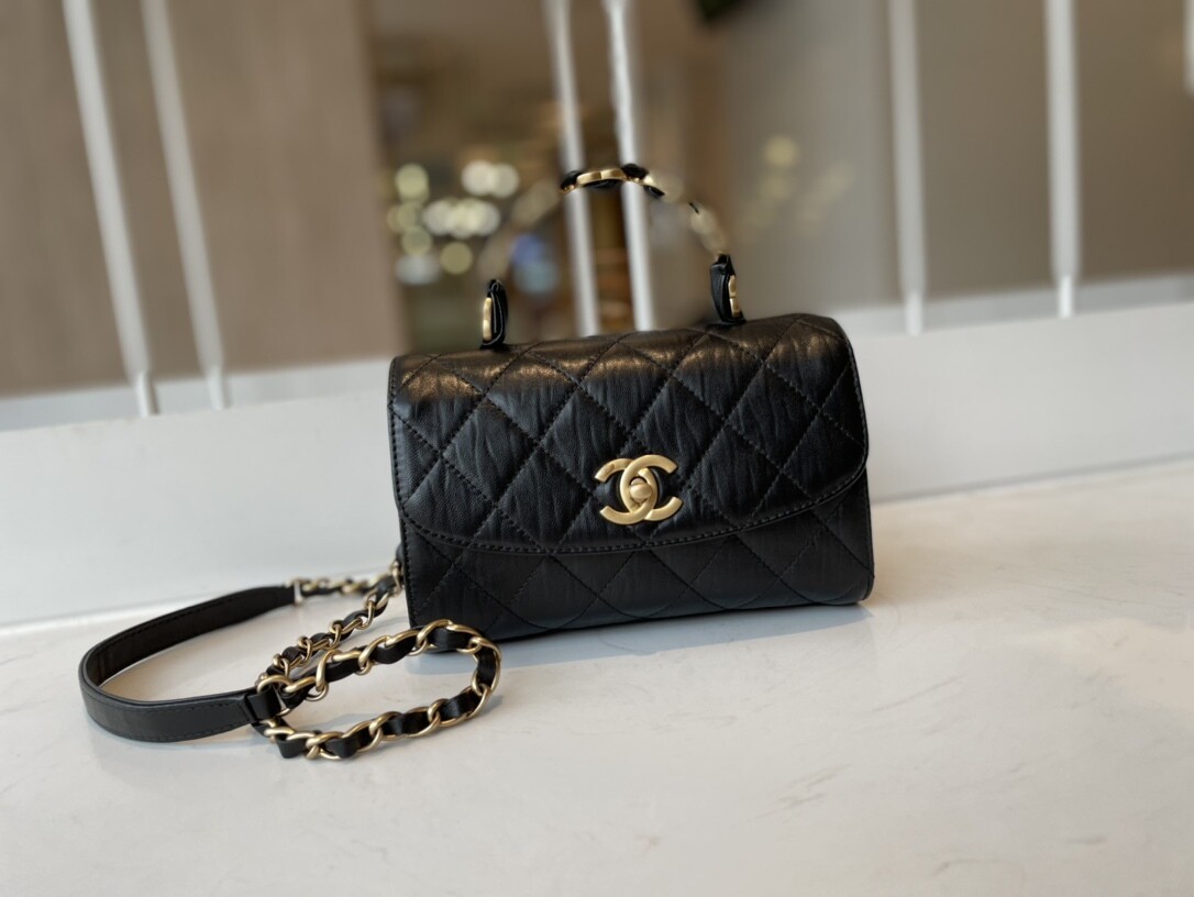 MINI FLAP BAG WITH TOP HANDLE, Crumpled Leather & Gold-Tone Metal