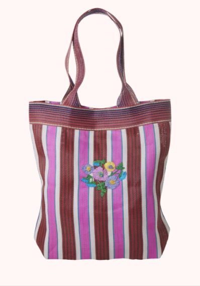 Recycled Plastic Shopping Bag in Stripes with Embroidered Flower