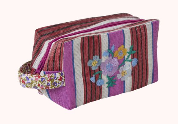 Recycled Plastic Pouch Bag in Stripes with Flower Embroidery - Large