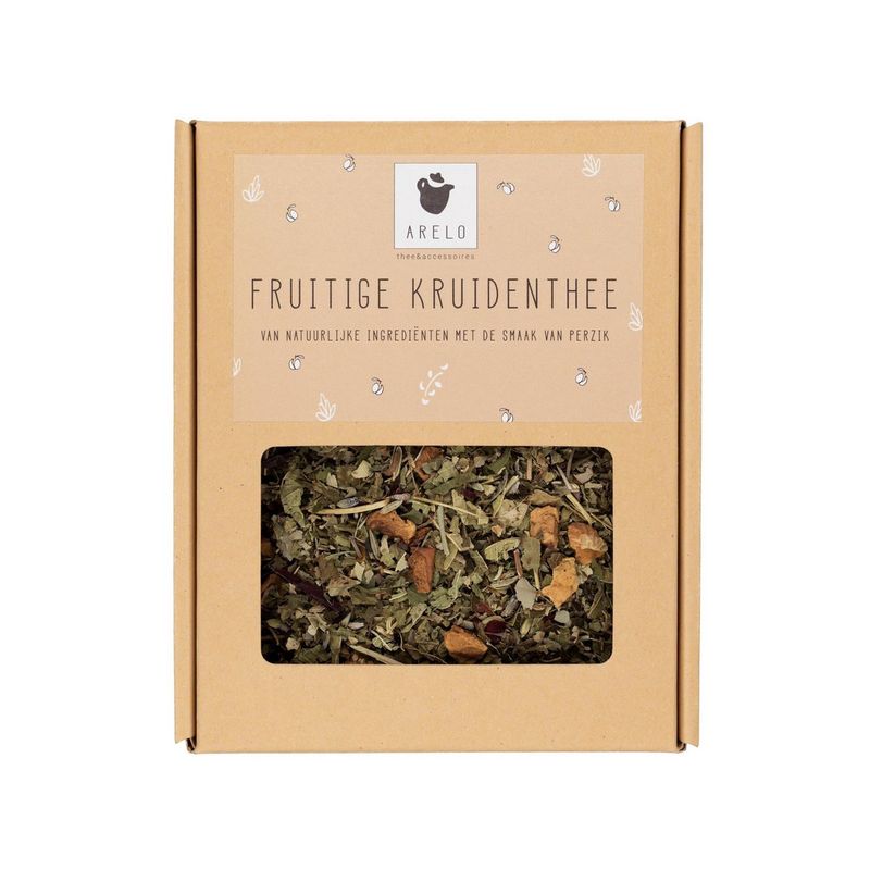 Fruitige Kruidenthee van natuurlijke ingrediënten met de smaak van perzik