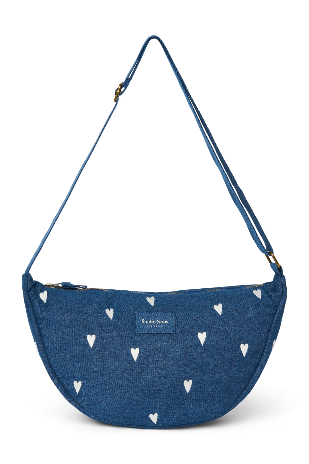 Denim Adult Fanny Pack - Dark Blue White Hearts