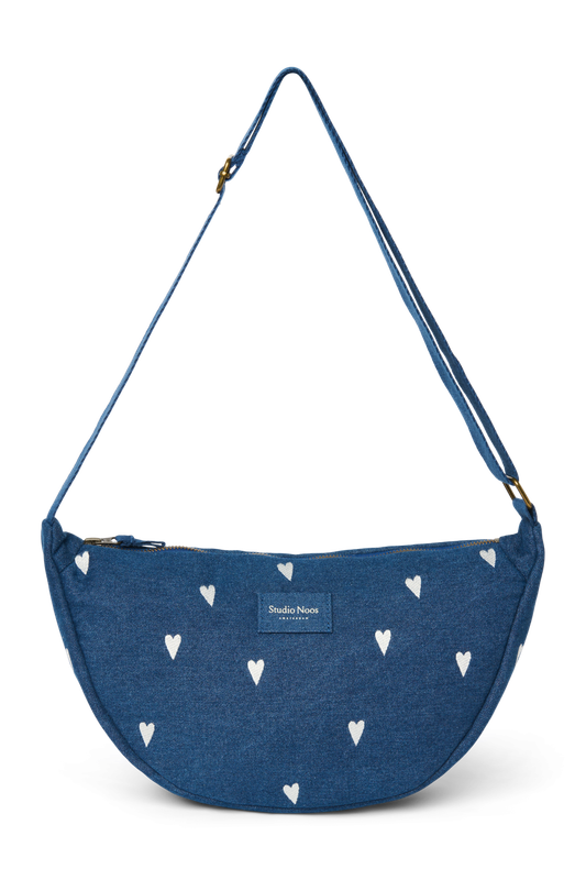 Denim Adult Fanny Pack - Dark Blue White Hearts