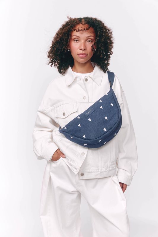 Denim Adult Fanny Pack - Dark Blue White Hearts