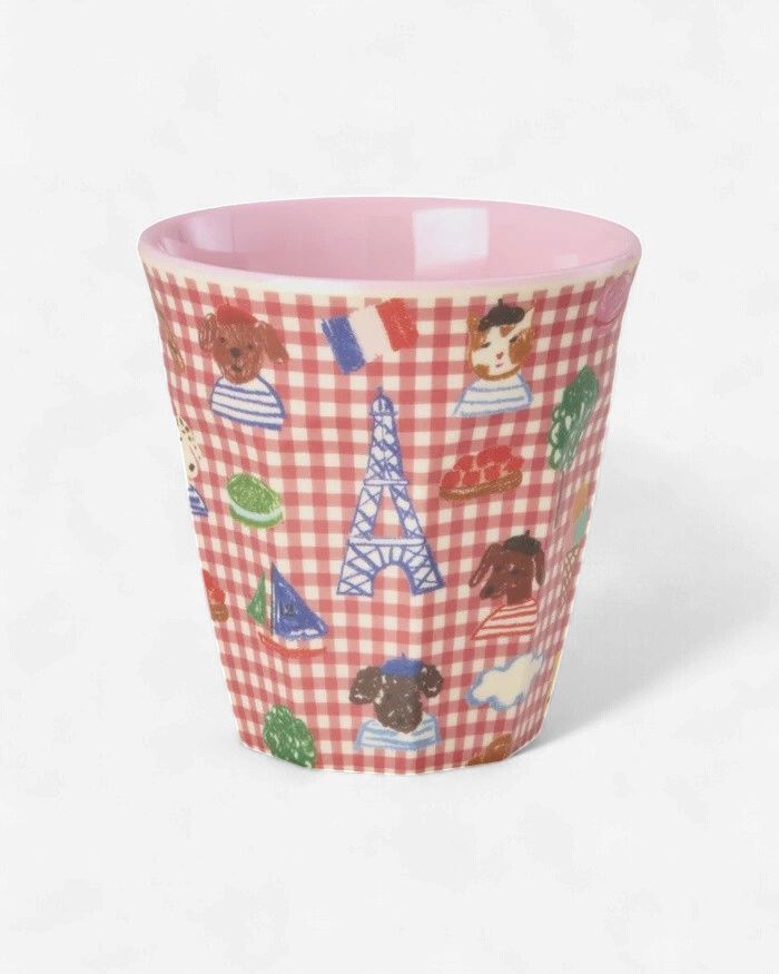 Melamine Cup with Red Kids in Paris Print -  Medium - Pink - 250 ml