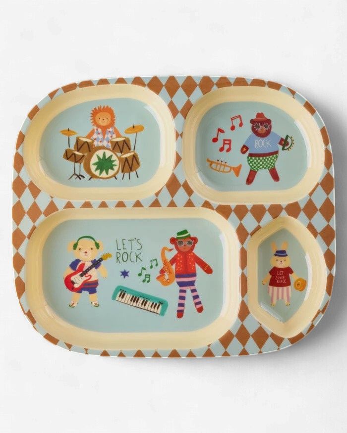 Melamine Kids 4 Room Plate with Blue  Music Band Print