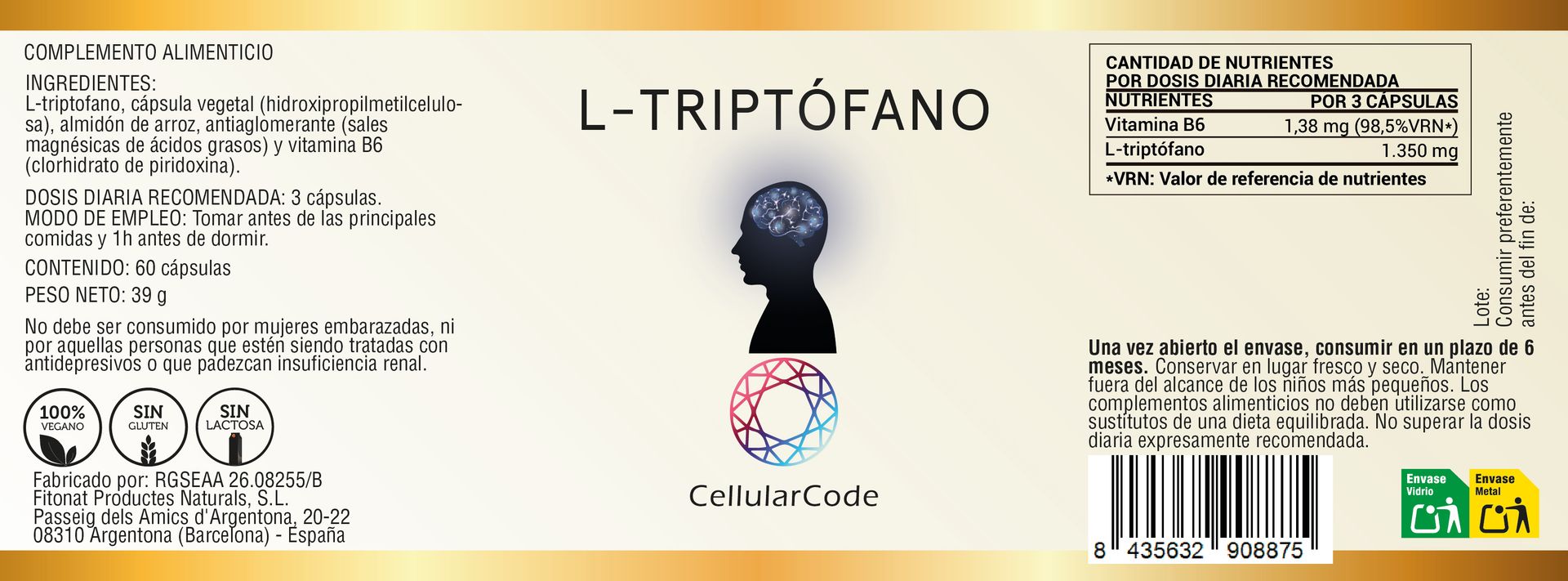 L-Triptófano 450mg.+ vitamina B6 60 cápsulas