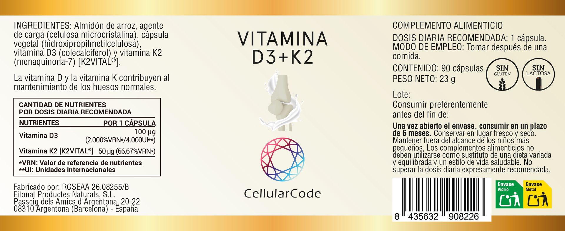 Vitamina D3 + K2 90 cápsulas