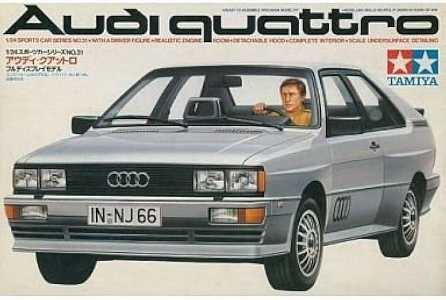 Box-art of Tamiya Audi Quattro depicting the car in grey with a driver.