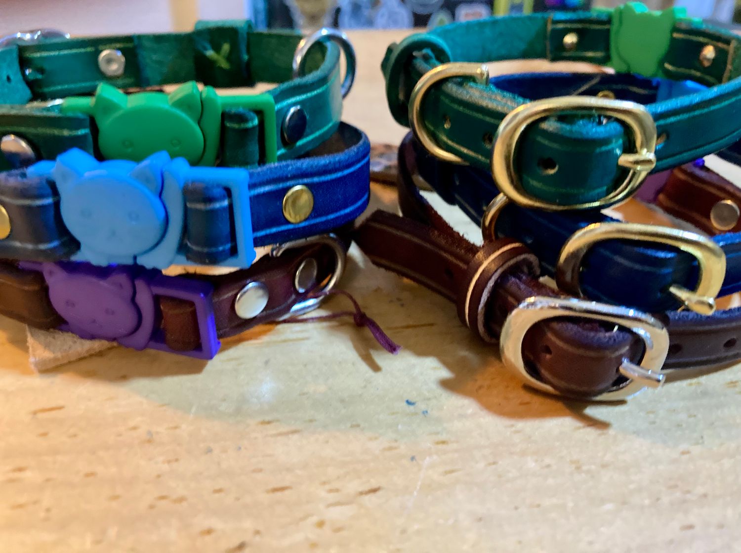 Cat collars in Green, Blue, Purple