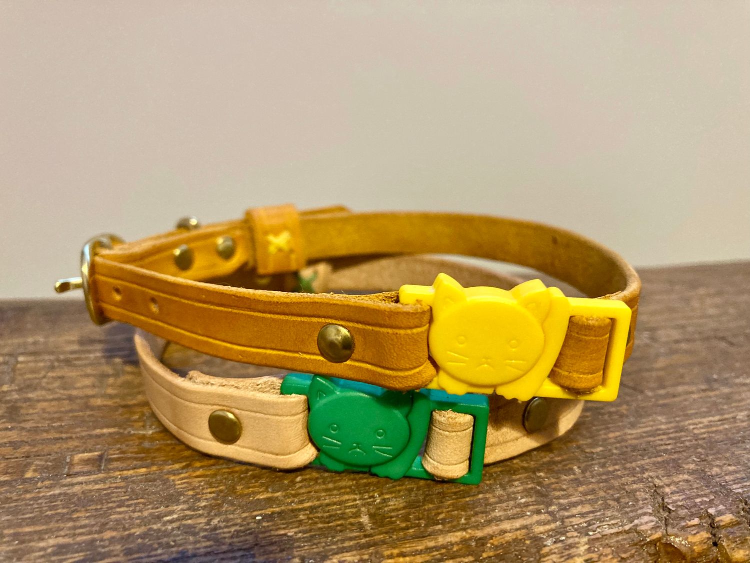 Cat Collars in Yellow (top) and Undyed (bottom)