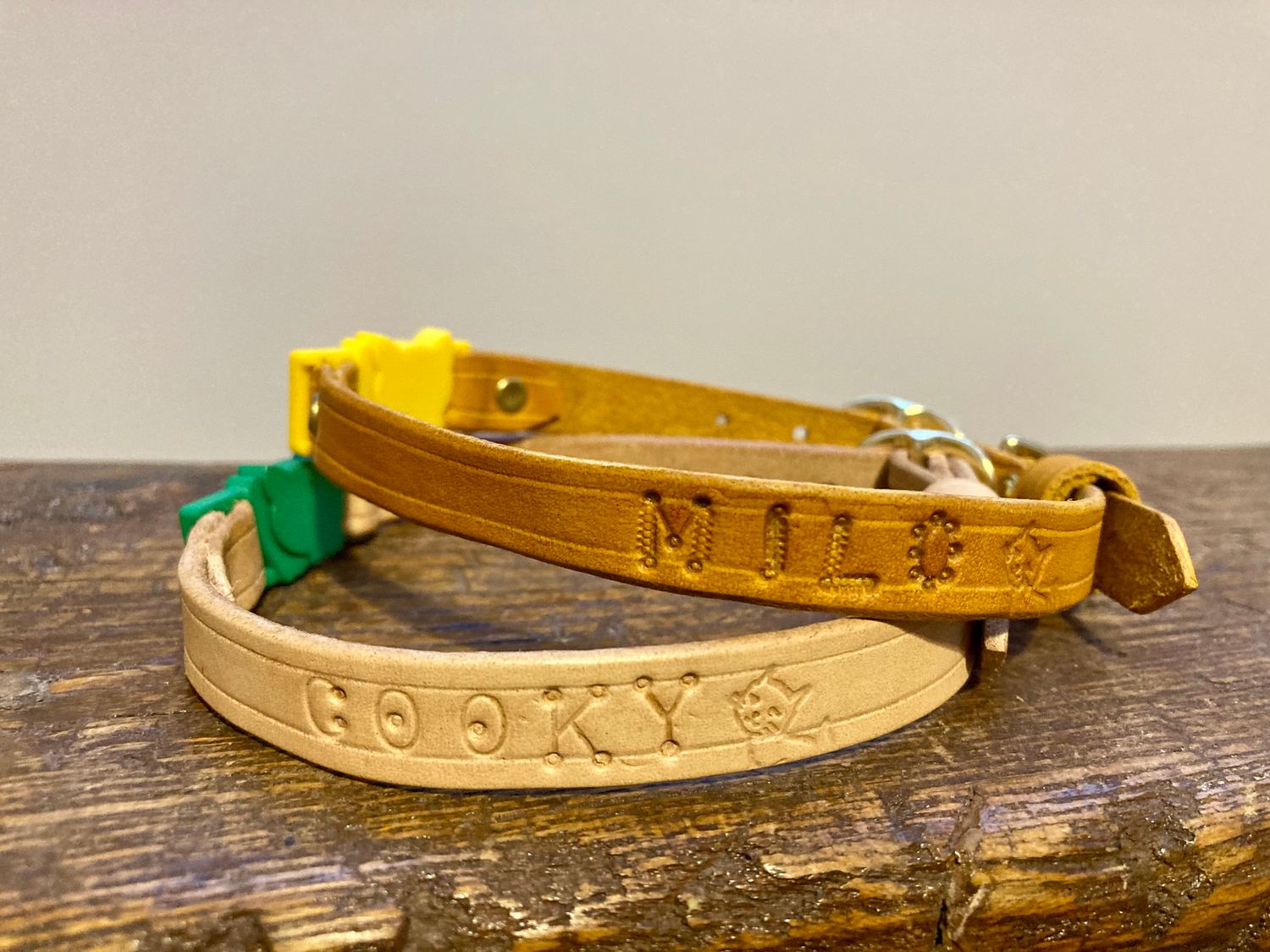 Personalized Cat Collars in Yellow (top) and Undyed (bottom)