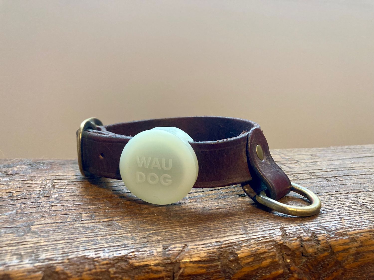 Classic Plus Collar in Aubergine, 1" width, shown with AirTag holder