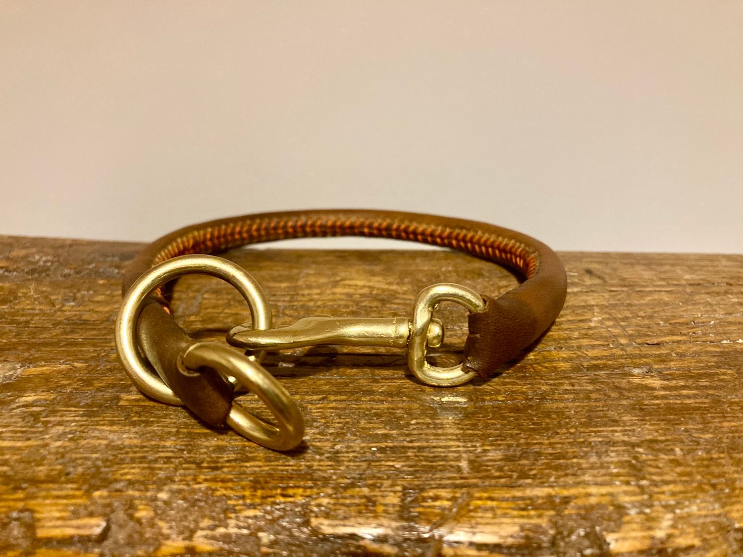 Rolled Leather Collar in Walnut with Orange Thread
