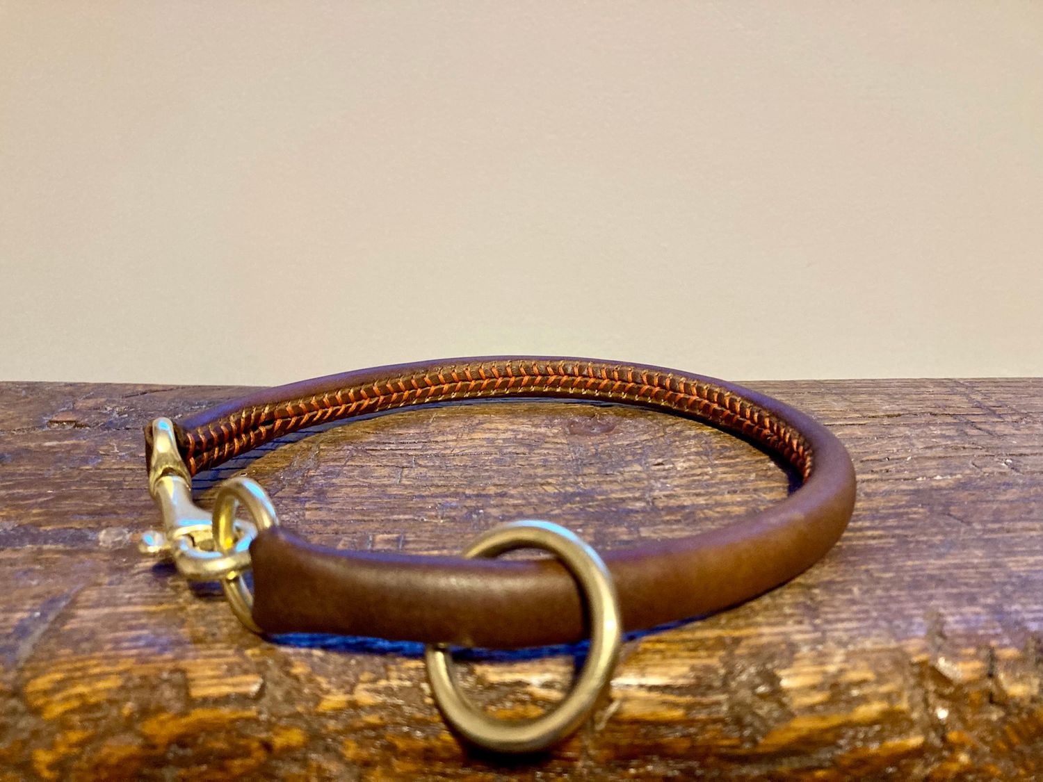 Rolled Leather Collar in Walnut with Orange Thread