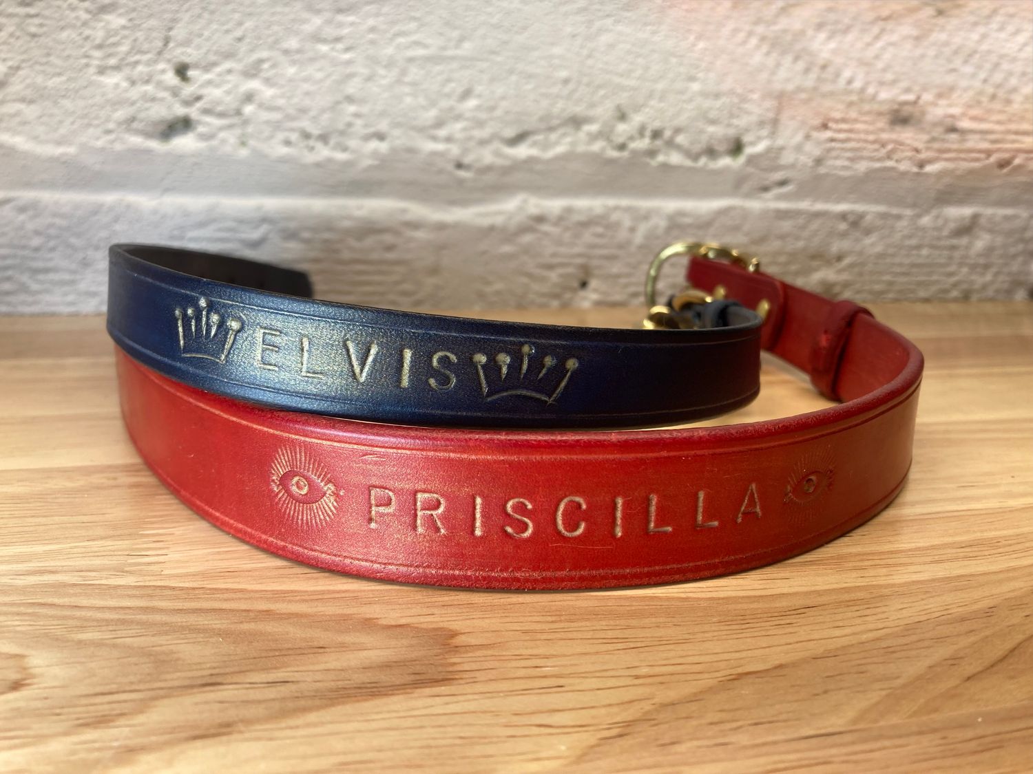 Personalized Classic Collars in Royal Blue (Medium, 3/4" width) and Cayenne (Large, 1" width)