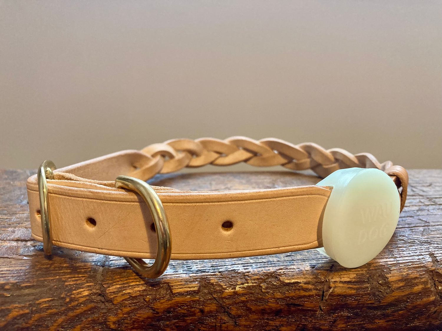 Braided Collar in Undyed, 1" width, shown with AirTag holder