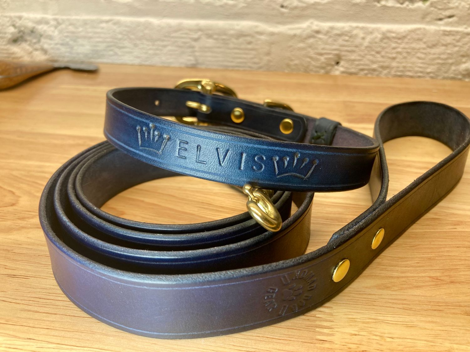 Personalized Classic Leather Walk Set in Royal Blue (Medium Classic collar, 4.5-ft x 1" Classic Leash) 