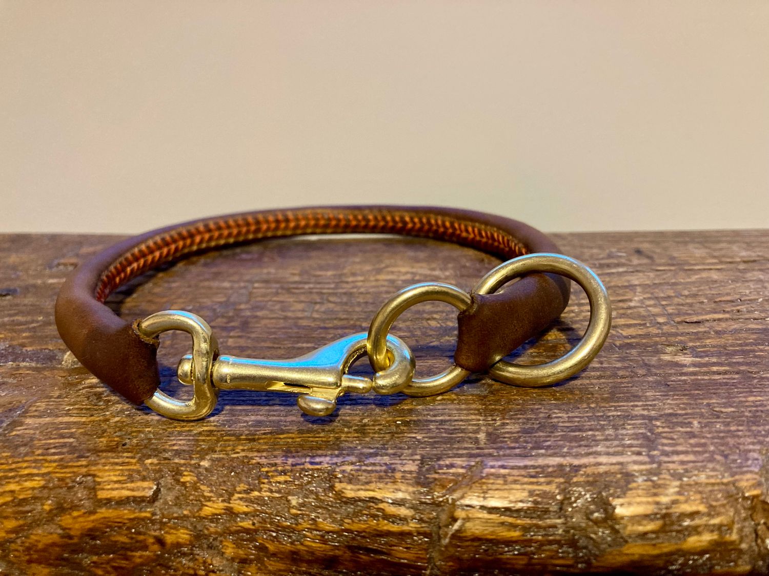 Rolled Leather Collar in Walnut with Orange Thread