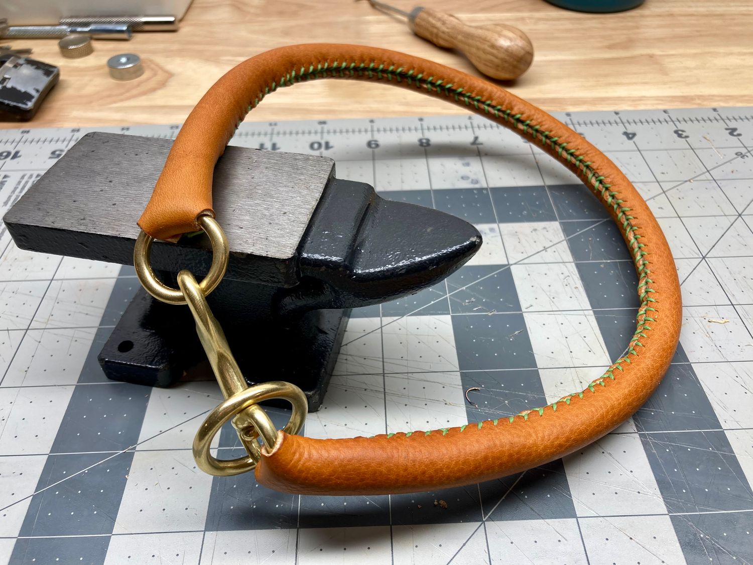Rolled Leather Collar in Chestnut with Lime Green Thread