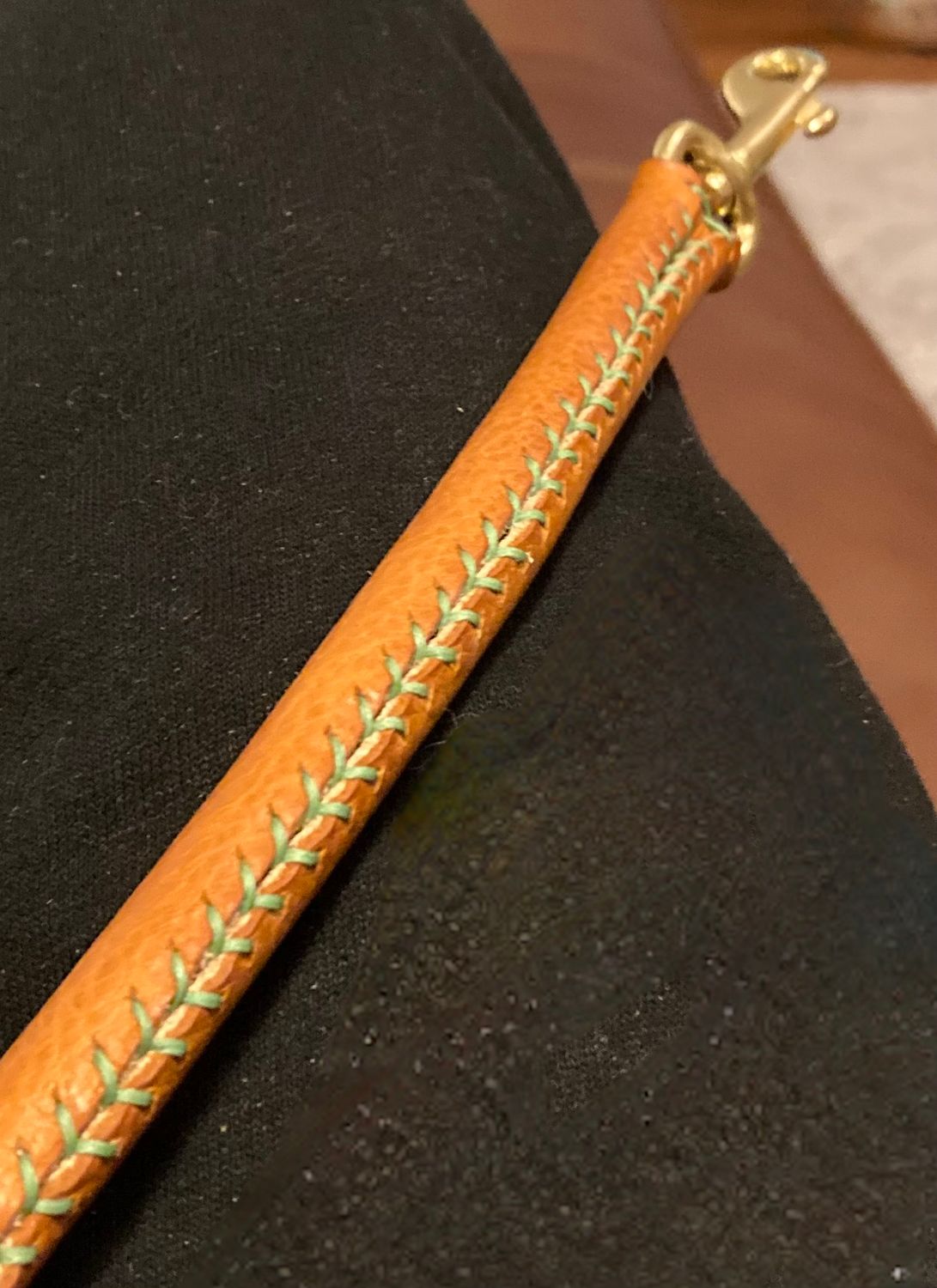 Rolled Leather Collar in Chestnut with Lime Green Thread