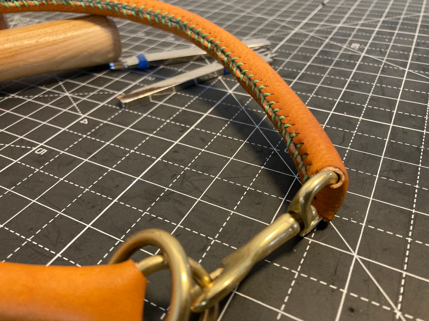 Rolled Leather Collar in Chestnut with Lime Green Thread