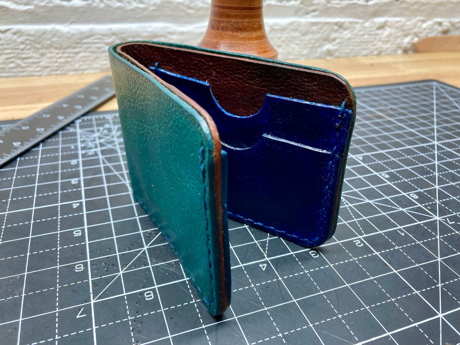 Handcrafted Leather Bifold Wallet - Jade/Brown/Navy