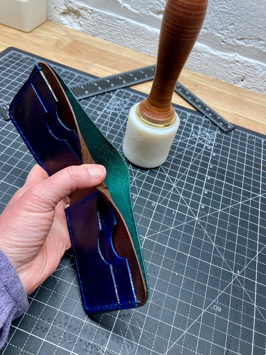 Handcrafted Leather Bifold Wallet - Jade/Brown/Navy