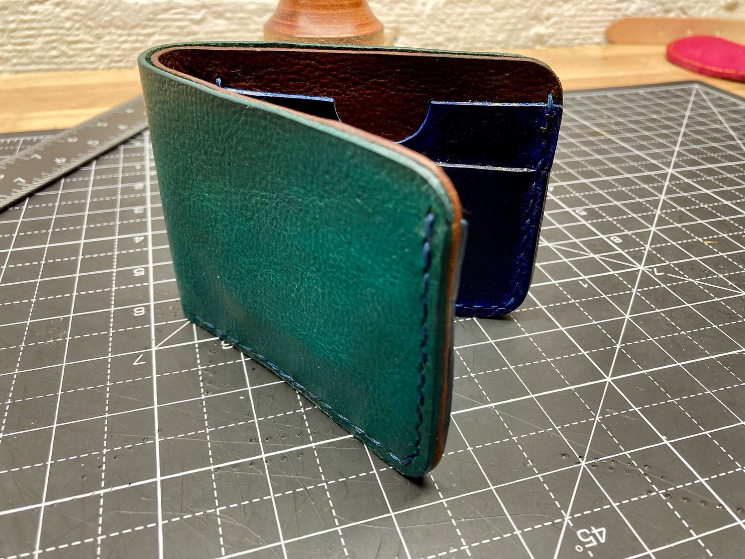 Handcrafted Leather Bifold Wallet - Jade/Brown/Navy