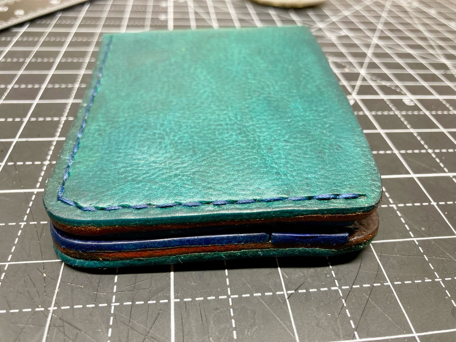 Handcrafted Leather Bifold Wallet - Jade/Brown/Navy